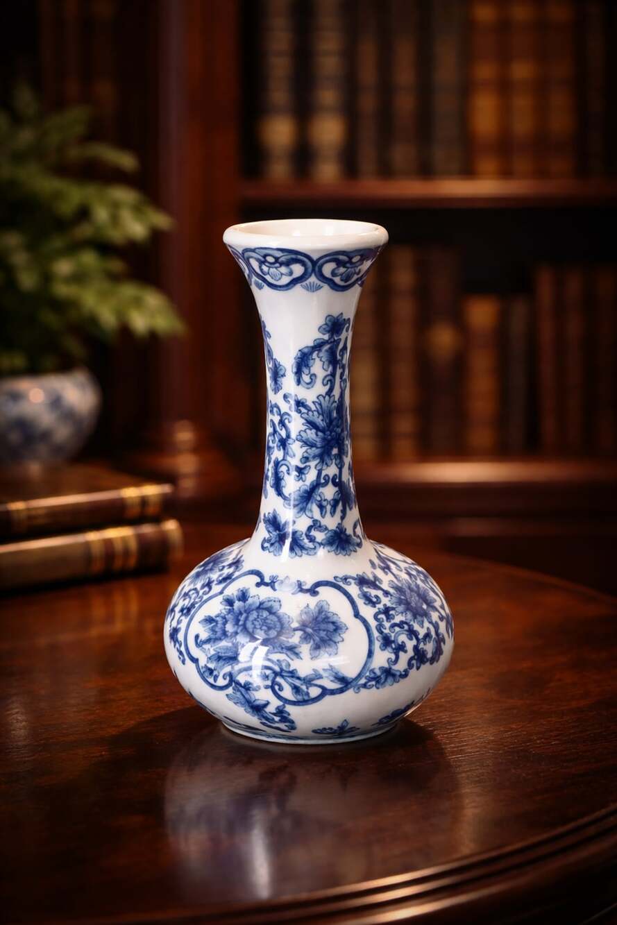 Chinese Blue and White Porcelain Bud Vase with Twining Floral Scroll Pattern